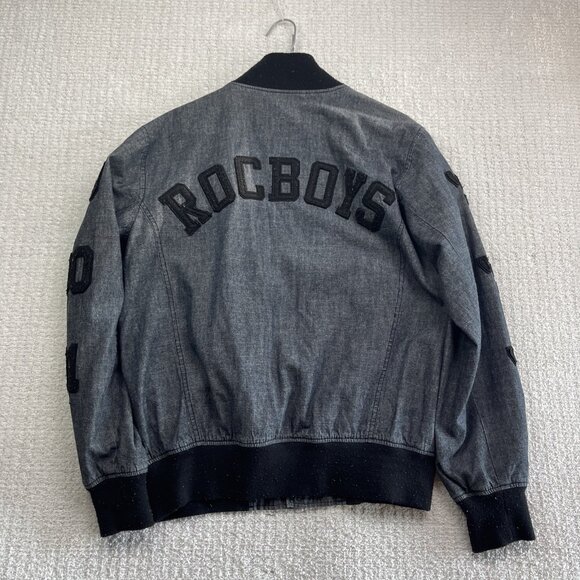 Rocawear Jacket Dark Denim Varsity Bomber Embroidered Sports Y2K Retro Men M - Picture 11 of 15